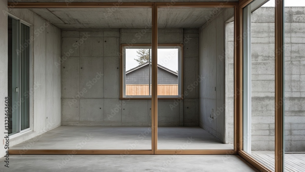 Aufkleber modern empty room with wooden window frame showcasing minimalistic design against gray concrete wall