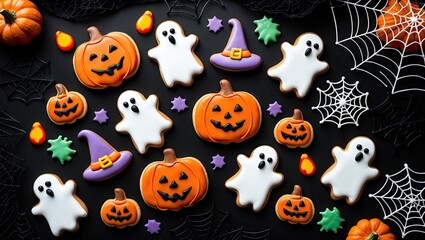 Fototapeta premium Colorful assortment of Halloween gingerbread cookies including orange pumpkins, white ghosts, purple witch hats and green bats on a black surface