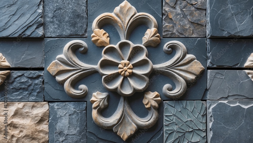 Leinwandbilder decorative slate stone wall design featuring intricate embossed floral patterns in beige and dark gr