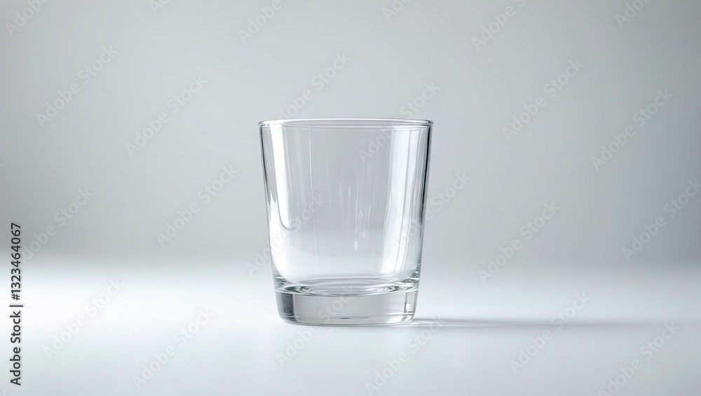 Poster clear empty glass positioned centrally on a light gray background with smooth shadows, ideal for tex