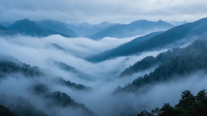 Misty blue mountain landscape with layers of fog enveloping the valleys and peaks creating a serene atmosphere in cool tones of blue and gray