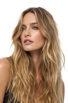 A close-up portrait of a woman with long, wavy blonde hair and a natural makeup look against a dark background.