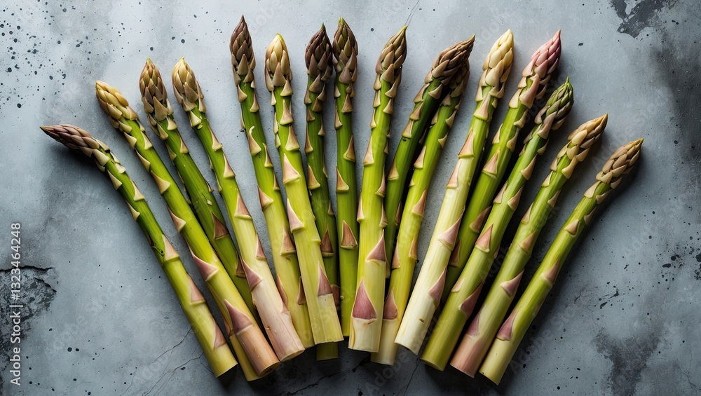 Poster Fresh organic asparagus arranged in a row on a textured gray concrete background, with ample space for text above and below the asparagus.