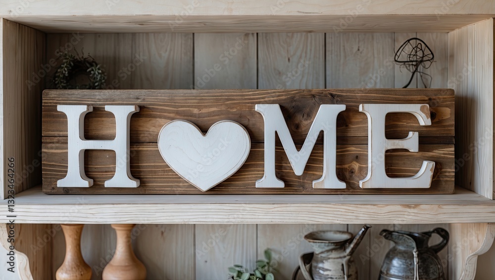 Poster home decor wooden shelf displaying a large rustic sign reading home with a heart symbol in white aga