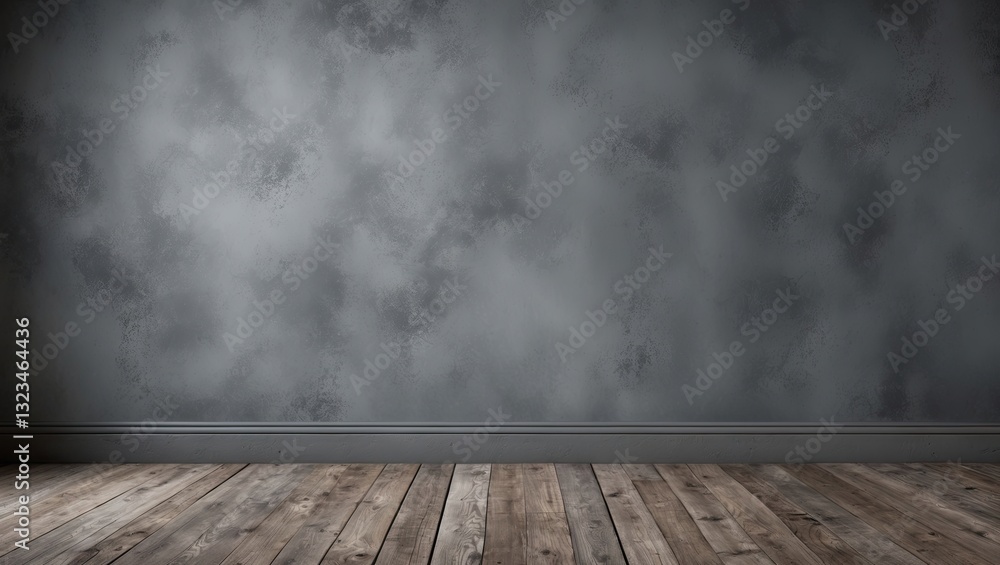 Poster gray textured studio backdrop with dark tones and wood floor, featuring ample copy space for text or