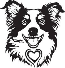 vector illustration of a border collie dog head with heart