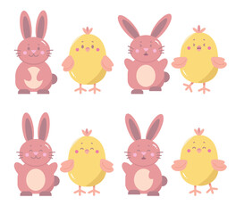 Easter bunny and Easter Chicken set for Design Elements with Pastel Color