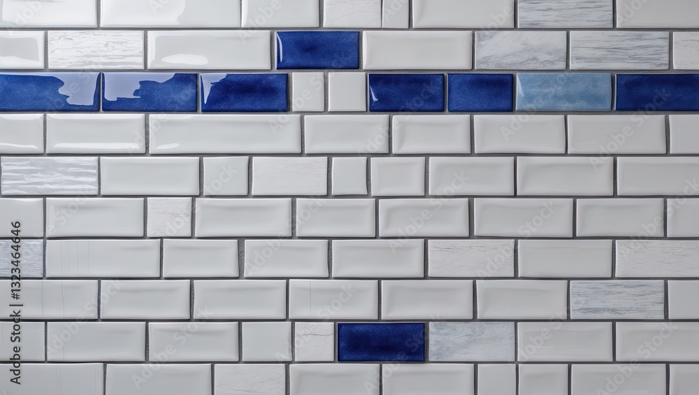 Poster Modern tile wall with a pattern of white and blue glossy rectangular bricks, highlighted blue accents interspersed within a seamless layout.
