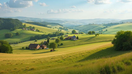 Fototapeta premium Picturesque rural landscape with rolling hills and farmhouses.