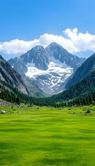 Alpine meadow beneath snow-capped peaks. Lush green valley nestled between dramatic mountains