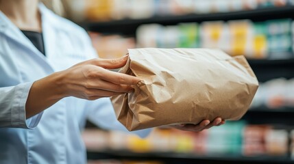 Obraz premium Hands Holding Brown Paper Package in Pharmacy or Drugstore Setting