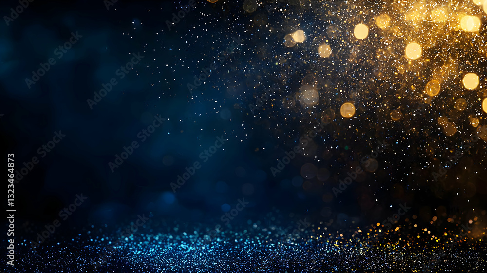 Poster abstract glittering golden and blue bokeh light background with sparkling particles and gradient tex