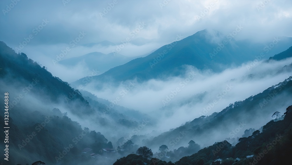 Poster misty blue mountain landscape with layered peaks shrouded in fog under a soft gray sky creating a se