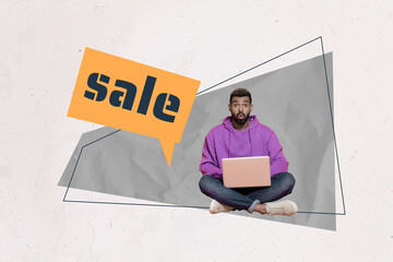 Creative sketch image art collage of shocked american man hold laptop receive notification sale...