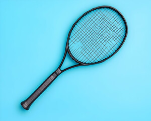 Black tennis racket on a vibrant blue background