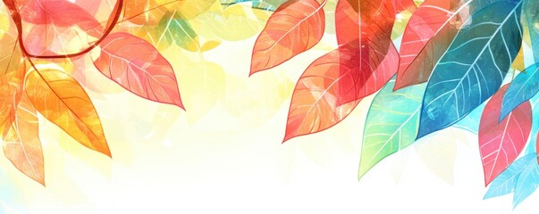 Vibrant watercolor autumn leaves in red, orange, yellow, and blue hues on a bright background. Perfect for fall themes.