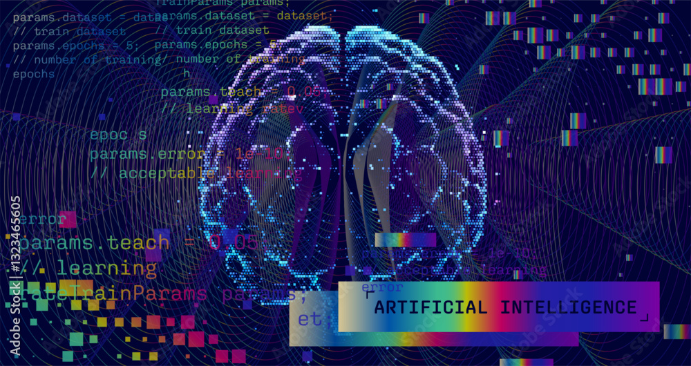 Poster Vector illustration of digital brain formed by particles and lines symbolizes artificial intelligence, accompanied by coding text and abstract data elements highlighting AI's computational nature.