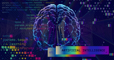 Vector illustration of digital brain formed by particles and lines symbolizes artificial intelligence, accompanied by coding text and abstract data elements highlighting AI's computational nature.