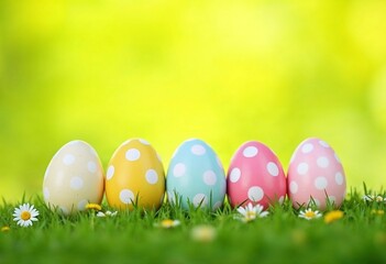 Fototapeta premium Colorful Easter Eggs on Green Grass in a Spring Meadow