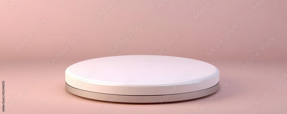 Poster minimalist product display with a white circular platform on a pale pink background. clean lines and