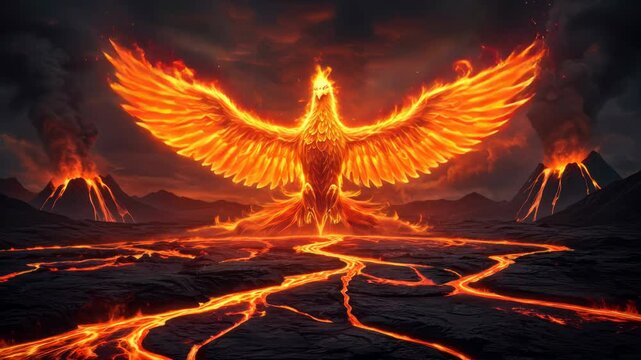 Majestic fiery Phoenix rising from molten lava in a volcanic landscape, a powerful mythological symbol of rebirth and immortality