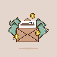 Finance concept illustration. Envelope vector icon contains tax letter, money and dollar coins used for tax payment or bill themed designs.