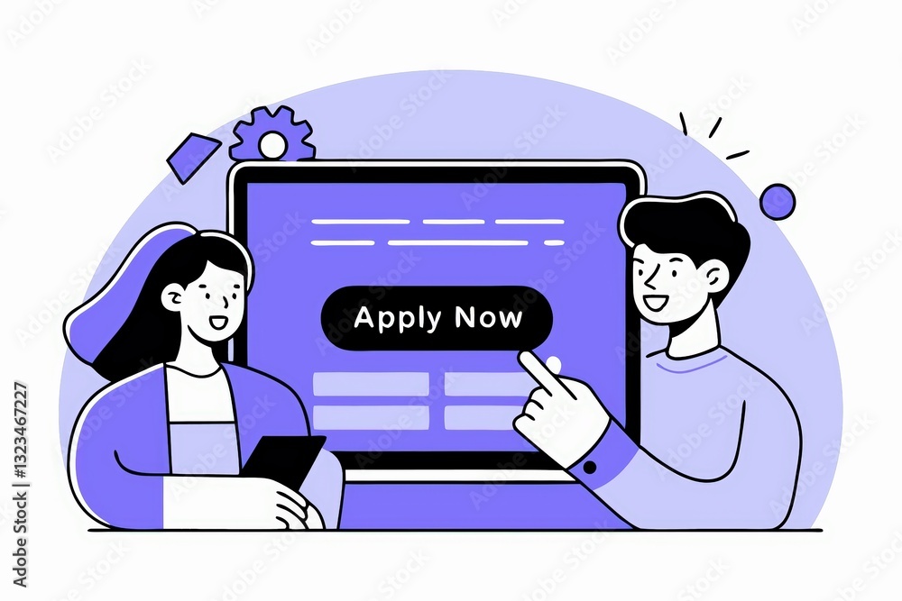 Poster a digital illustration of two people discussing an online application process with a computer screen