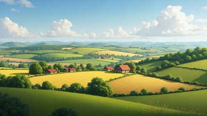 Picturesque rural landscape with rolling hills and farmhouses.