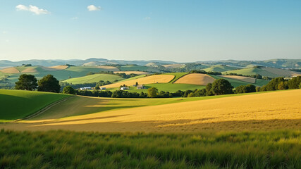 Fototapeta premium Picturesque rural landscape with rolling hills and farmhouses.