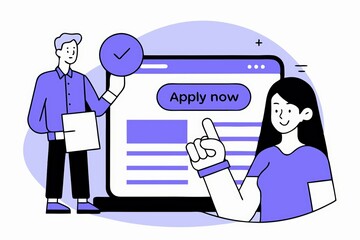 A digital illustration featuring two people, one pointing at a screen displaying "Apply now," emphasizing online application processes.