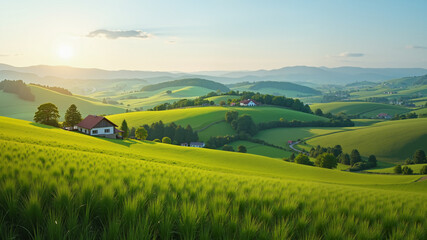 Picturesque rural landscape with rolling hills and farmhouses.