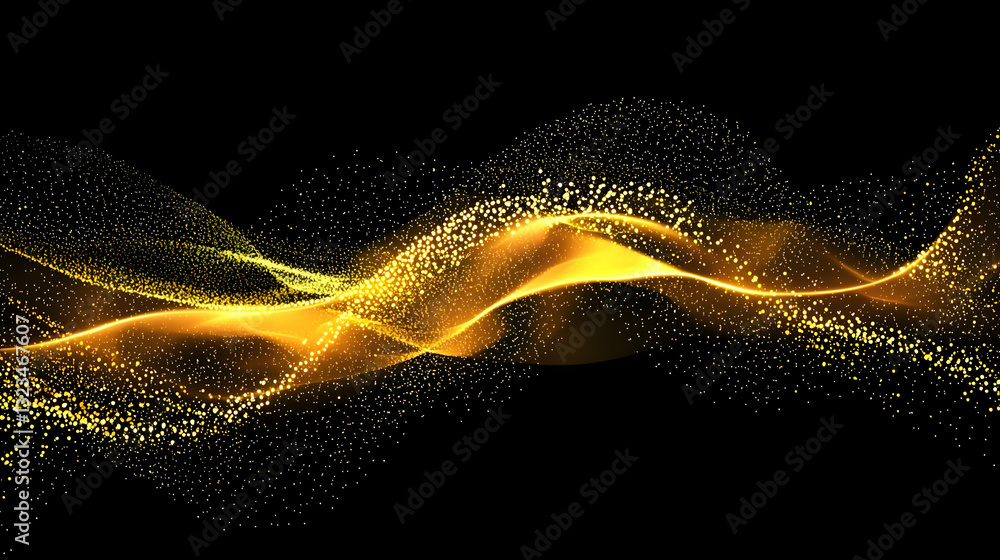 Poster abstract gold particle wave against black background with glowing light and bokeh effects
