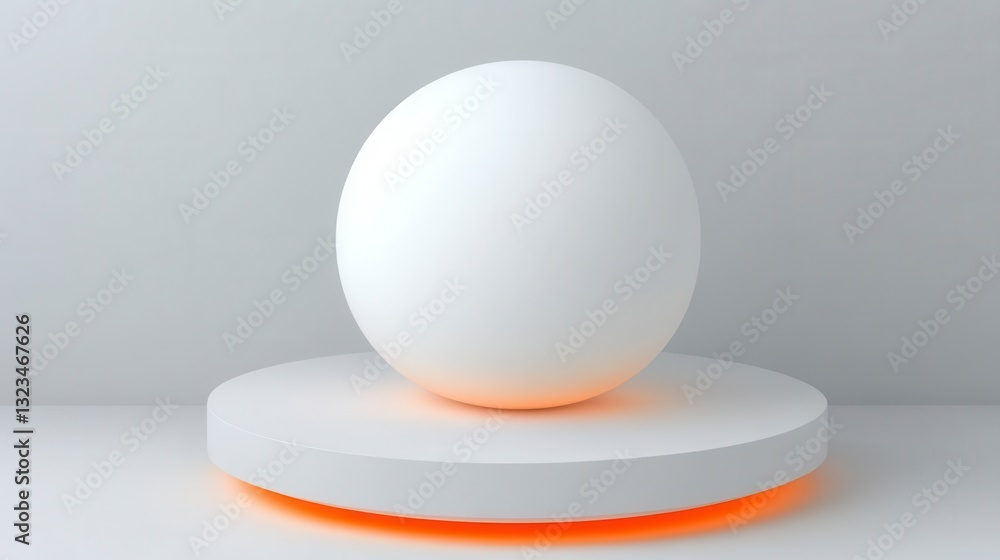 Poster white sphere on a white platform with an orange light underneath against a white background. minimal