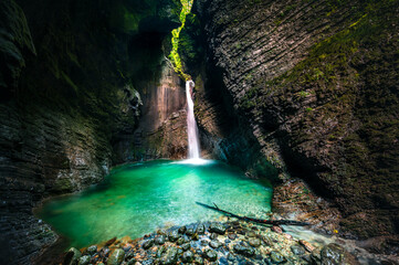 Immersion in the greenery. Kobarid natural waterfalls of Kozjak. Wonder of nature