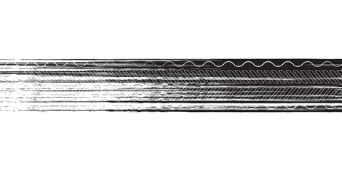 Grunge tire track, wheel braking marks. Truck, car or motorcycle tread pattern silhouette. Auto race, motorsport, speed racing design element. Vector illustration.