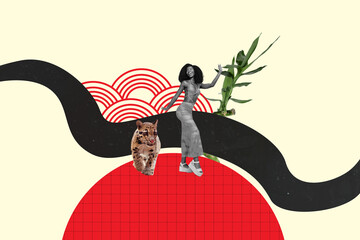 Trend artwork composite 3D photo collage design of young lady stand wild animal bamboo oriental...