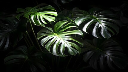 Lush Monstera Leaves Illuminated by Soft Light in a Dark Environment