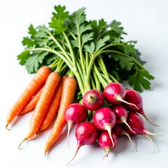 A beautiful pile of fresh radishes, with greens attached, next to a bundle of carrots. Generative AI
