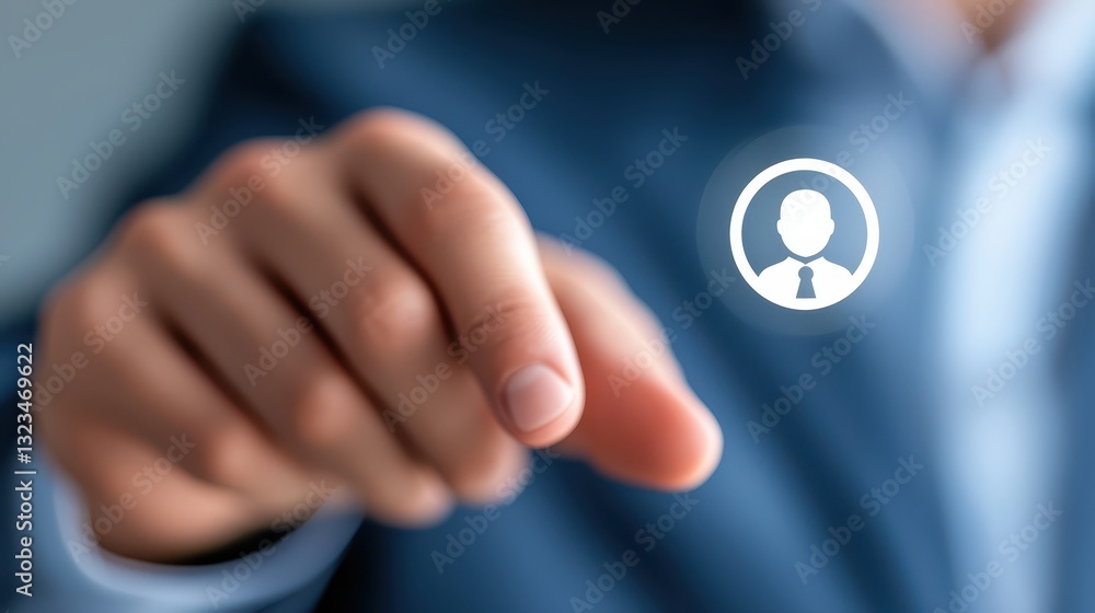 Poster person interacting with touch screen button featuring person icon, symbolizing access to user profil