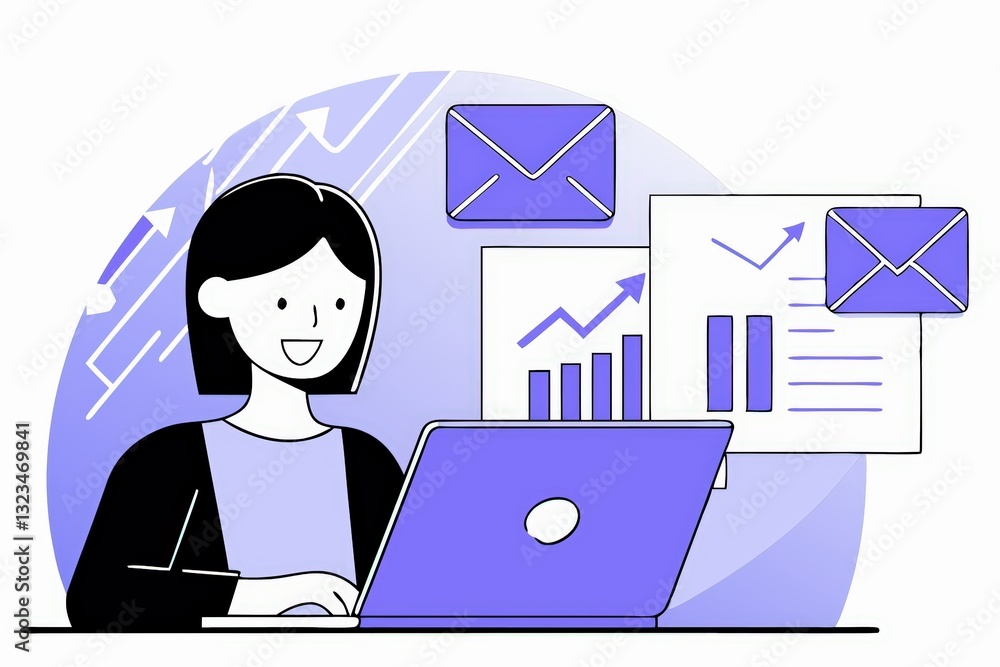 Poster a person working on a laptop, analyzing data and emails, surrounded by graphs and charts in a minima