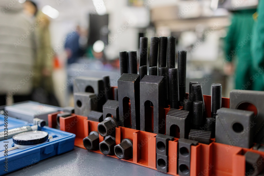 Poster precision assembly tools arranged on a workstation highlight the craftsmanship in a bustling mechani