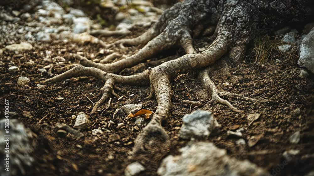 Poster close-up view of tree roots intertwined with rocky soil in a forested area during daytime