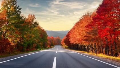 Fototapeta premium an empty road with red and green trees beside it