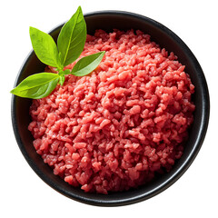 Bowl of Raw Ground Meat with Fresh Basil , Cooking Ingredient , Food Photography
