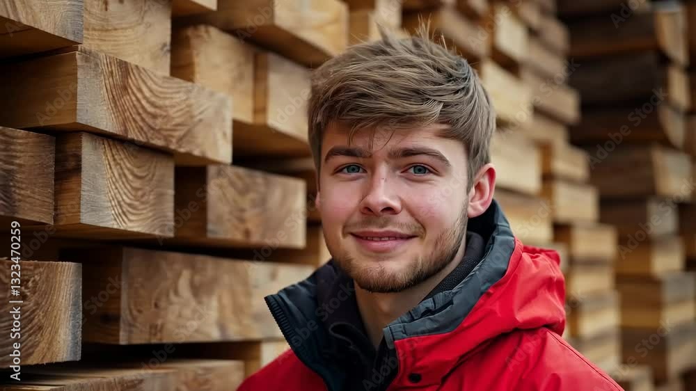 Poster Man in a red jacket stands in front of a wall of wood. He is smiling and looking at the camera