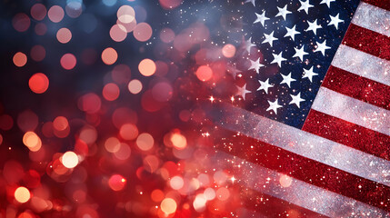 Fototapeta premium American Flag Abstract Background with Bokeh Lights and Glitter for Patriotic Holiday Celebrations
