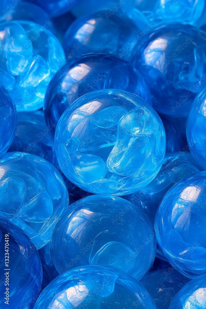 Poster translucent blue spheres a macro photograph with vivid colors and shallow depth of field.