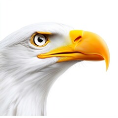 Fototapeta premium Close up of a bald eagle's head and beak against a white background. The eagle's eye is sharp, and its feathers are detailed.