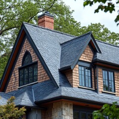 Obraz premium Charming Home Exterior: Slate Roof, Cedar Shingles, and Black Window Frames Amidst Lush Greenery, Exuding Architectural Elegance
