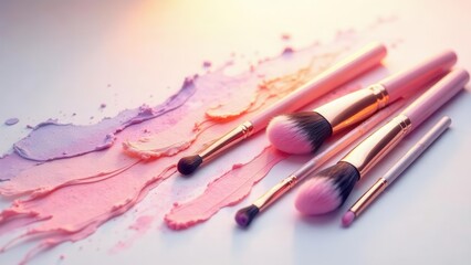 Obraz premium Pastel Pink Makeup Brushes and Powder Swirls A Beauty Product Still Life